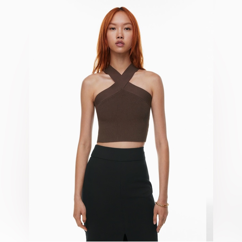 NWT Aritzia Babaton Sculpt Knit Criss Cross Rich Mocha Brown Ribbed Crop Top L
